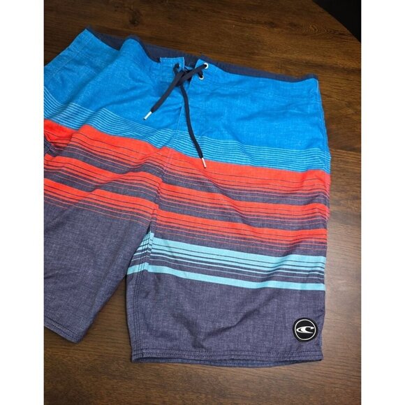 ONeill Mens Size 40 Board Shorts Blue/Red Striped Swim Trunks Polyester Adjustab - Picture 10 of 13